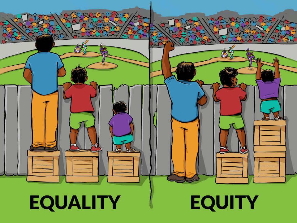 Cartoon showing the difference between equality and equity by having three people trying to watch a game over a fence.